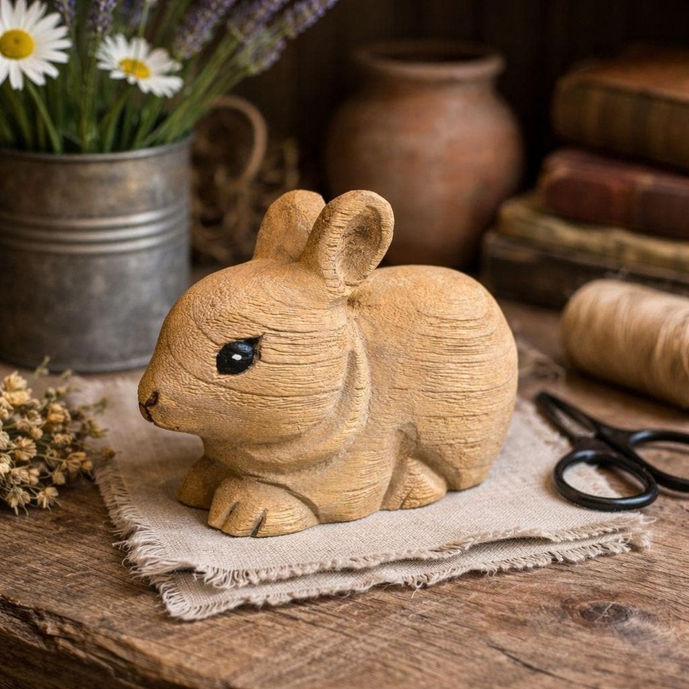 Vintage Carved Wood Bunny Figurine Rustic Driftwood Laying Down Rabbit Decor